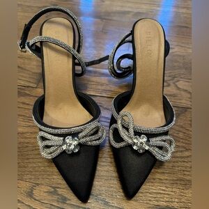 Billini Elope Black Satin Rhinestone Bow Heels Ankle Strap NWOT Size 9